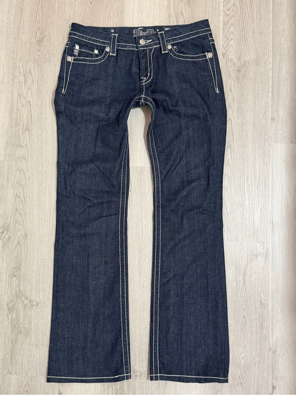 Miss Me Low Rise Boot Cut Dark Indigo Flare Jeans with White Contrast Stitching